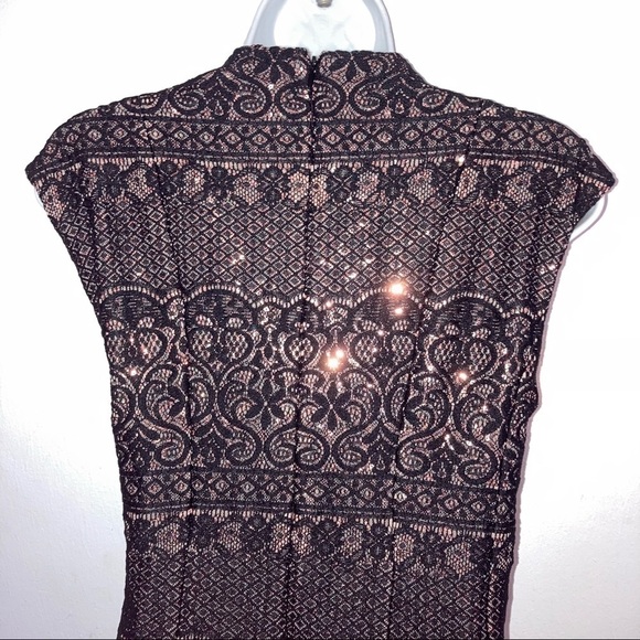Chetta B Black Lace Rose Gold Sequin Sleeveless V neck Dress 8 - Picture 6 of 8